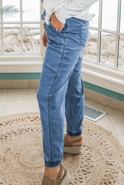 Pantalon de jogging en jean bleu crépuscule grande taille avec cordon de serrage et poches