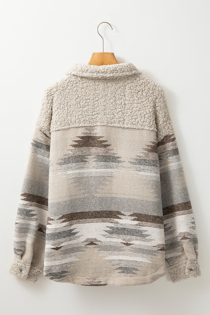 Manteau kaki à imprimé aztèque occidental en sherpa avec poches à rabat boutonnées