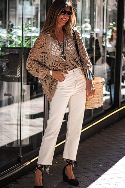 Pull kaki à manches chauve-souris et col en V en maille ajourée