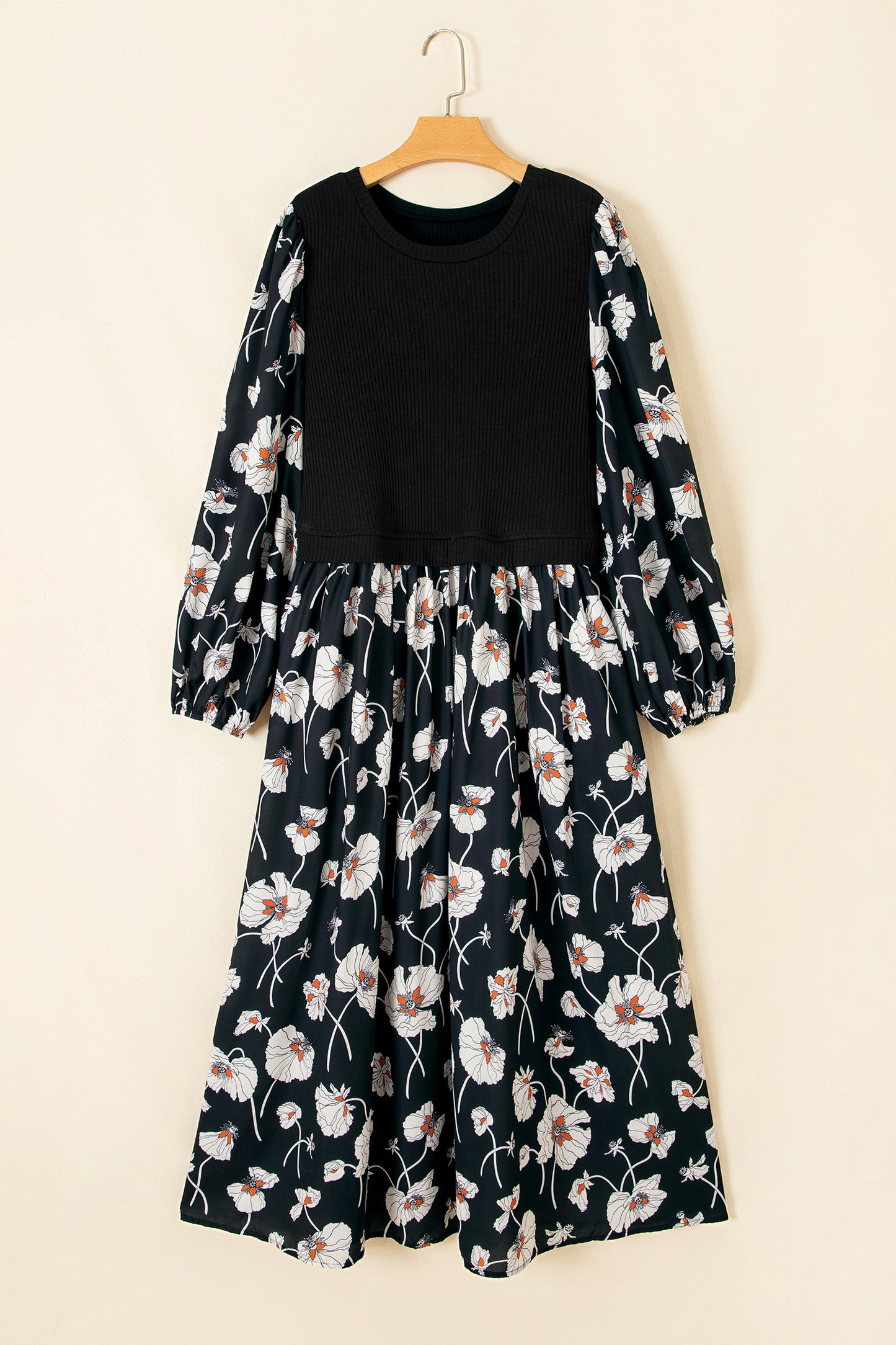 Black Floral Print Long Sleeve Round Neck Shift Plus Size Dress