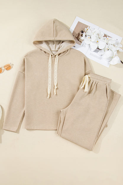 Jet Stream Lace Drawstring Pullover Hoodie and High Waist Pants Corduroy Suit