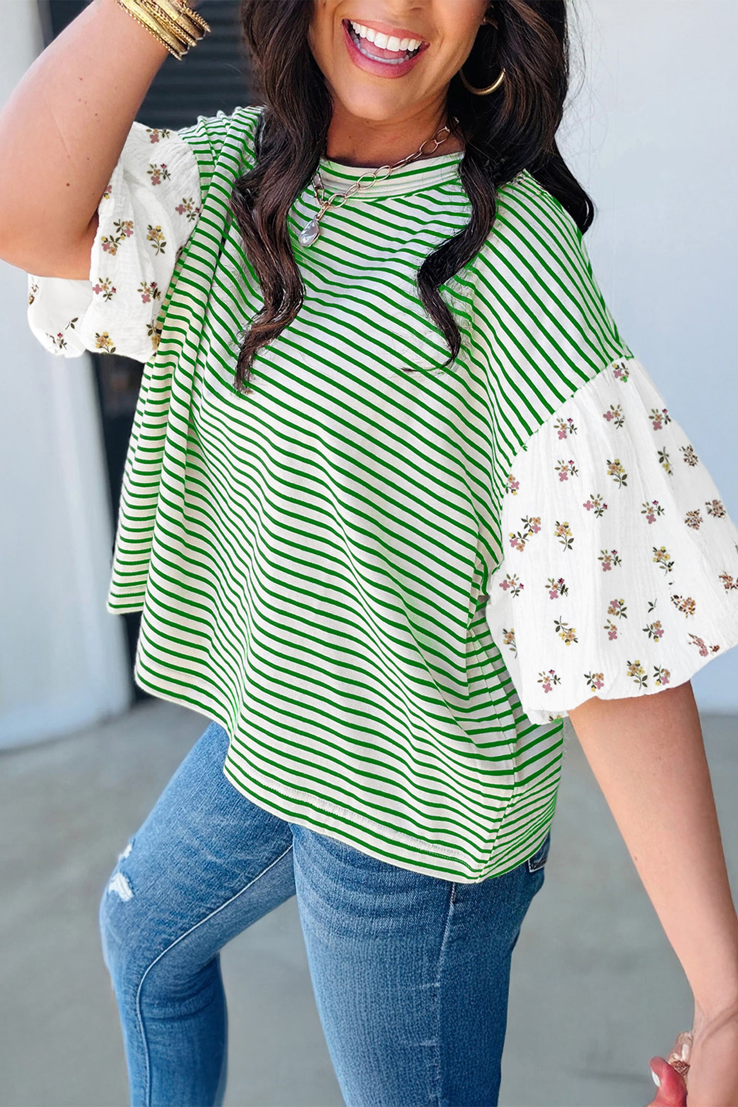 Red Stripe Floral Puff Sleeve Patchwork Round Neck Loose Top
