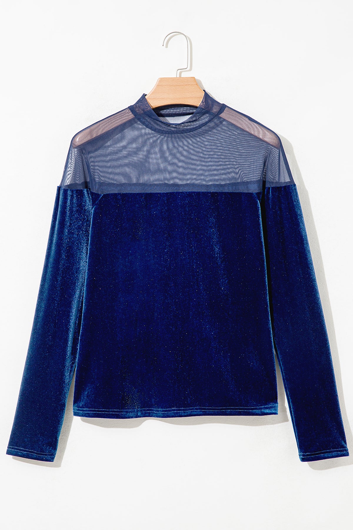 Navy Blue Velvet Long Sleeve Sheer Neck Patchwork Casual Pullover Top
