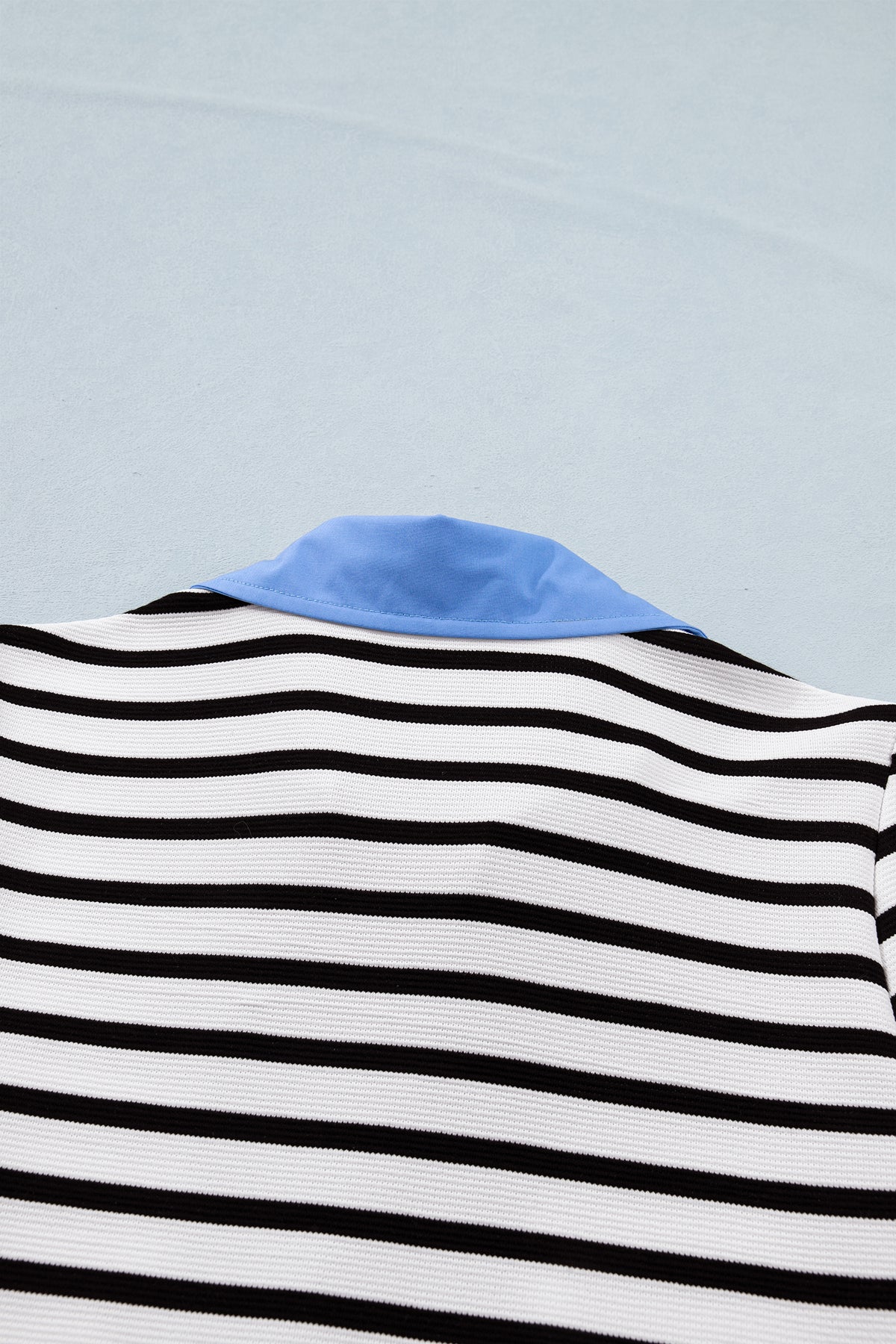 Black Stripe Short Puff Sleeve Color Block Polo Collar Blouse