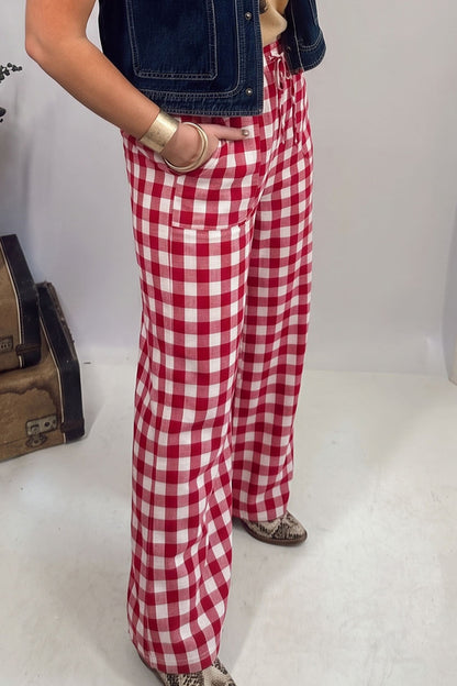 Red Gingham Plaid Tie Elastic Waist Shift Pants
