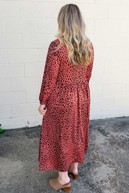 Red Leopard Print Long Sleeve V Neck Plus Size Midi Dress