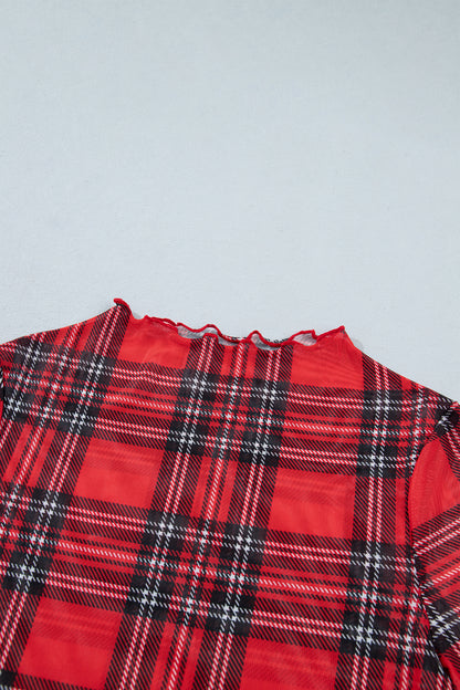 Red Plaid Round Neck Long Sleeve Pullover Top