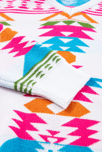 Pull blanc oversize à col en V et imprimé aztèque