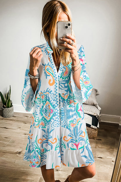 Sky Blue Tribal Bracelet Sleeve Buttoned Mini Dress