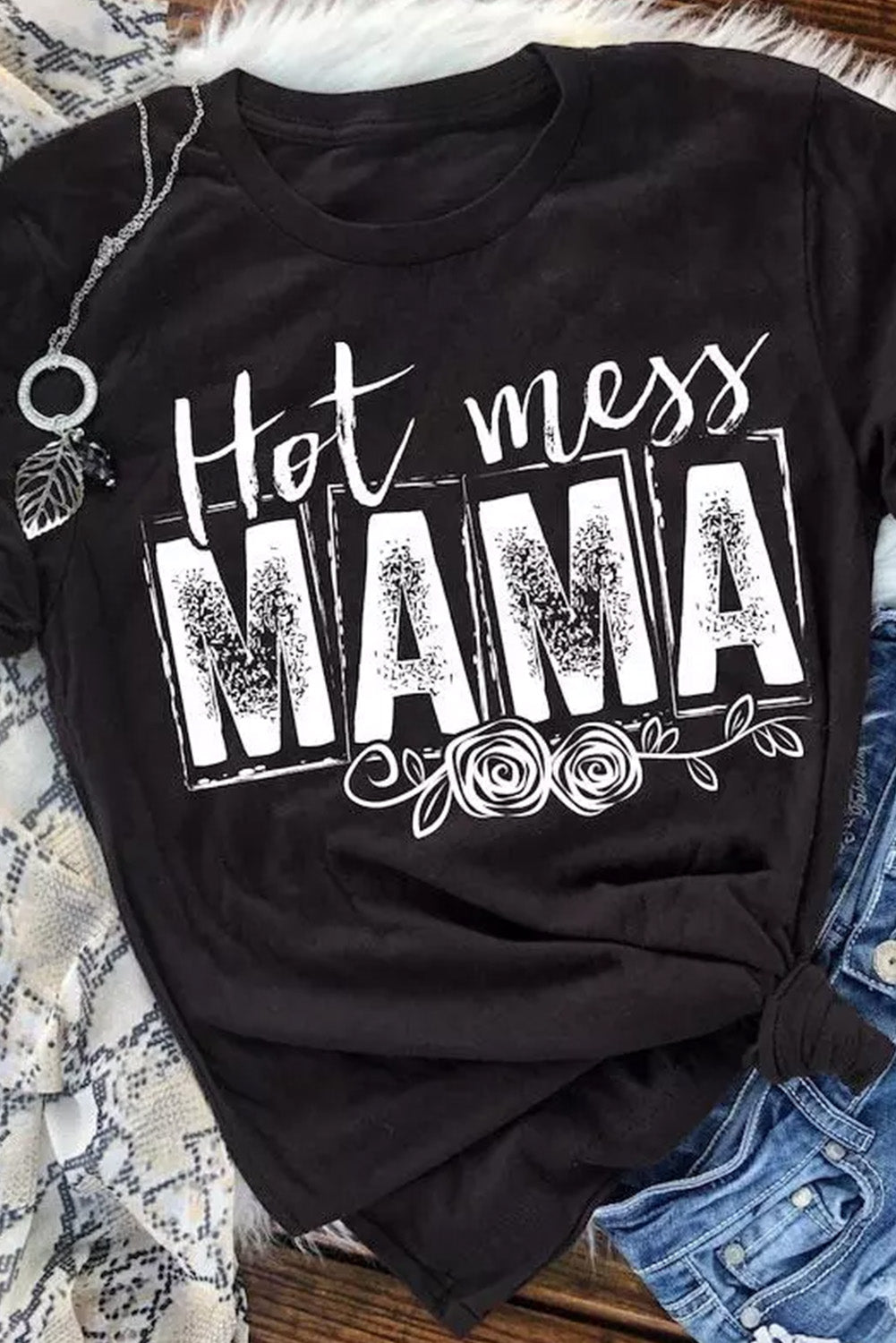MAMA Camiseta de manga corta con estampado gráfico Hot Mess