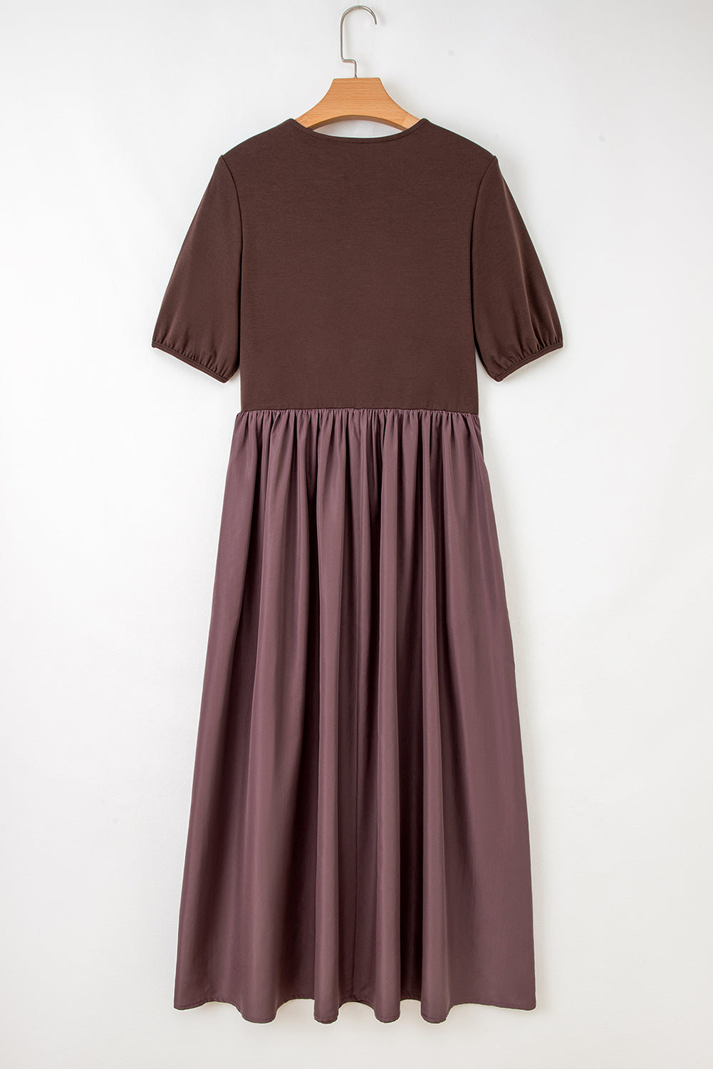 Coffee Short Sleeve Knit Top Patchwork Pleated Long Dress