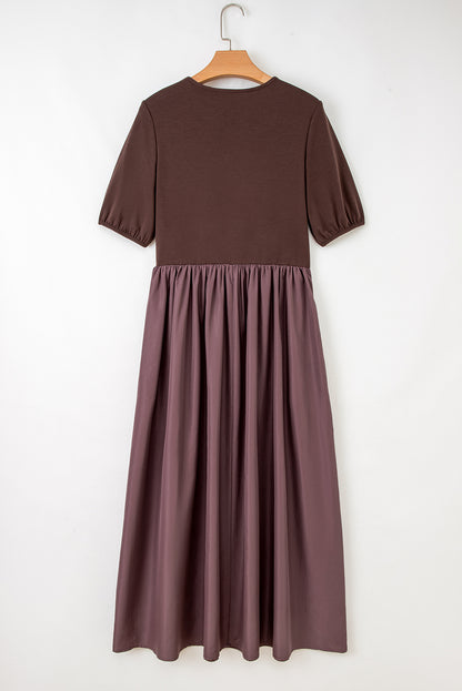 Coffee Short Sleeve Knit Top Patchwork Pleated Long Dress