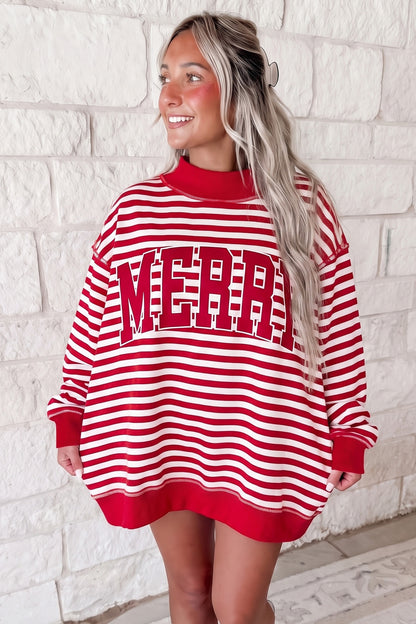 Red Stripe Christmas Slogan Embroidery Patched Mock Neck Oversized Sweatshirt