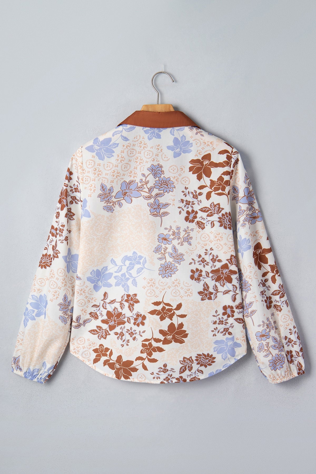 White Plus Size Floral Print Contrast Collar V Neck Long Sleeve Blouse