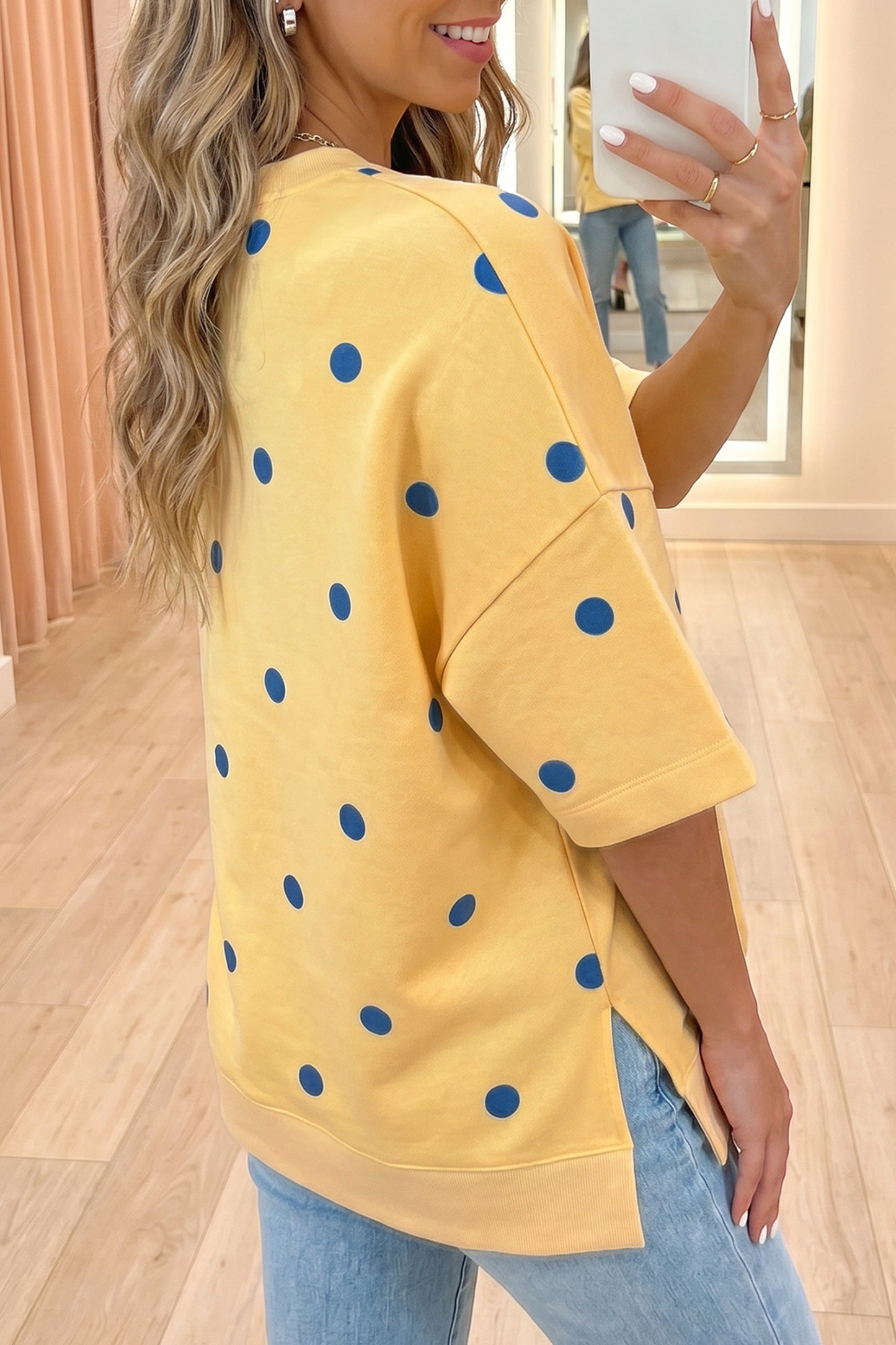 Sky Blue Polka Dot Print Crossed Seam Detail Oversize Tee