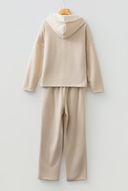 Dark Khaki Leopard Drawstring Pullover Hoodie and High Waist Pants Corduroy Suit