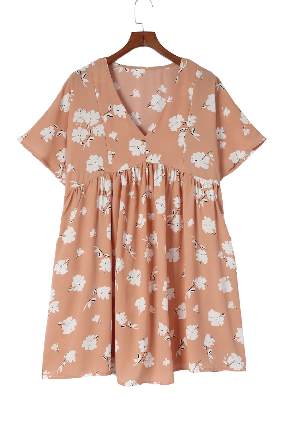 Vestido babydoll floral con cuello en V color caqui y bolsillos 