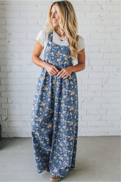 Blue Vintage Rose Printed Pleated Loose Denim Overall Jumpsuit