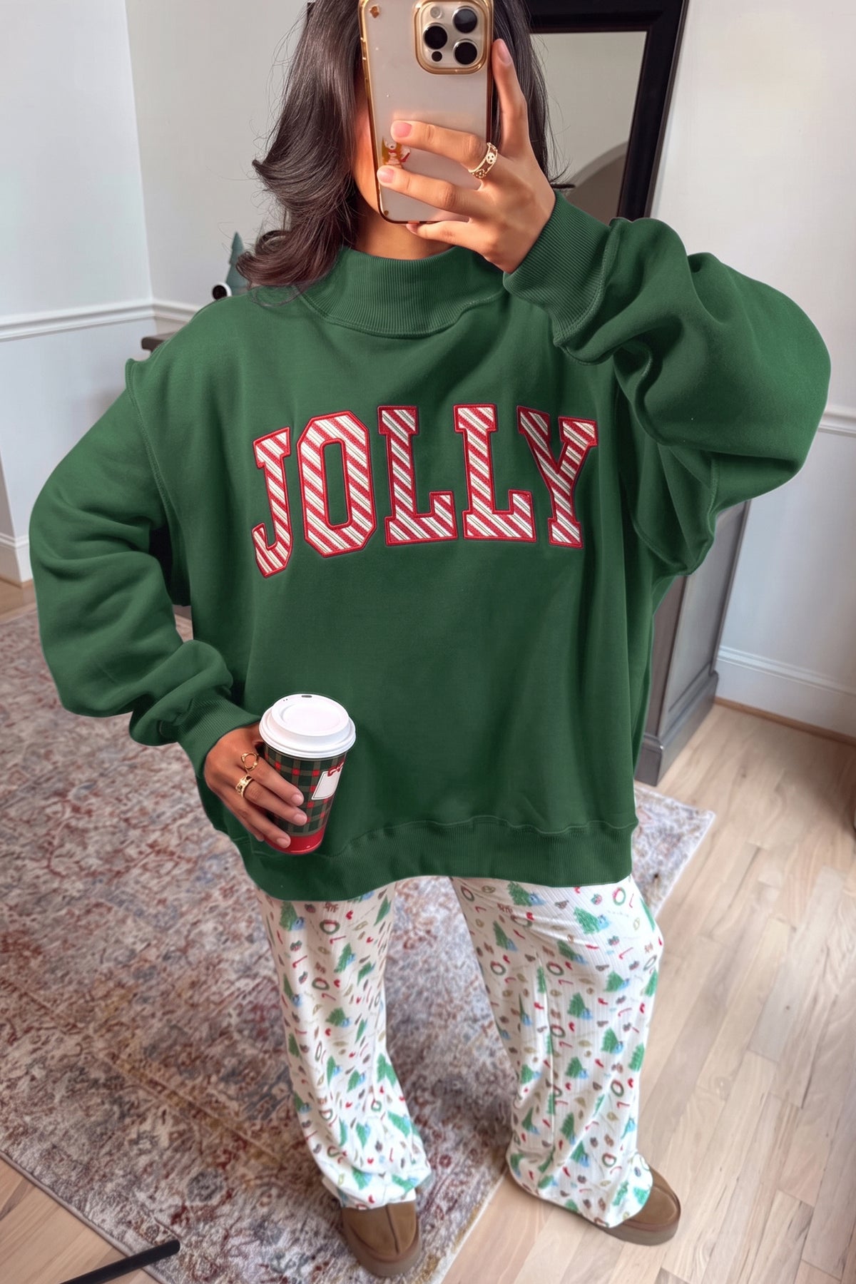 Blackish Green MERRY Embroidered Letter High Neck Tunic Pullover Sweatshirt