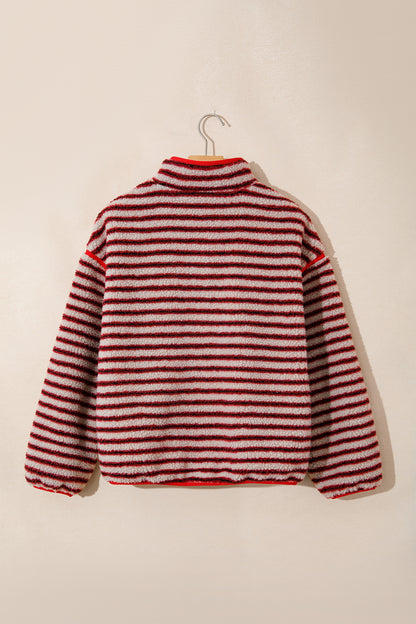 Red Striped Fuzzy Colorblock Button Placket Sweatshirt