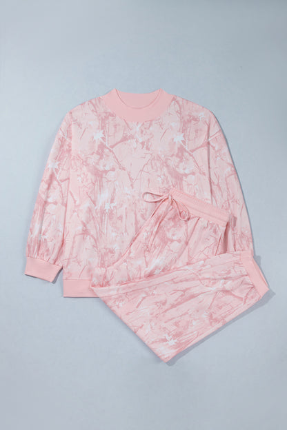 Pink Camouflage Print Stand Neck Long Sleeve Regular Fit Plus Size Set