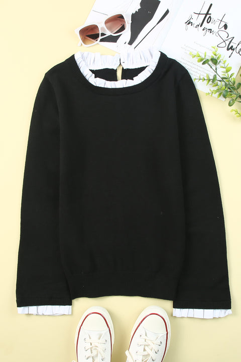Solid Ruffled Crew Neck Knit Sweater