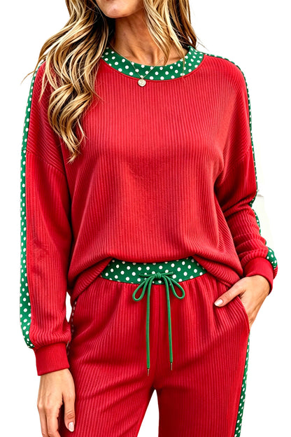 Dark Green Cozy Ribbed Patchwork Polka Dot/ Plaid/ Leopard Trim Long Sleeve 2pcs Pant Set