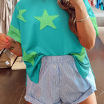 Aruba Blue Frayed Denim Star Patched Oversize T Shirt