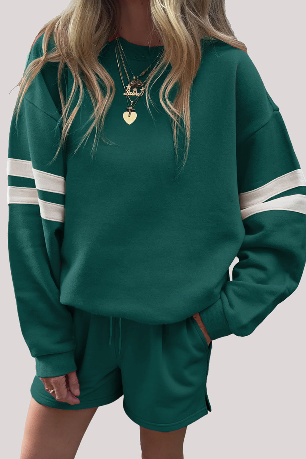 Evergreen Varsity Striped Sleeve Drop Shoulder Sweatshirt and Short Set