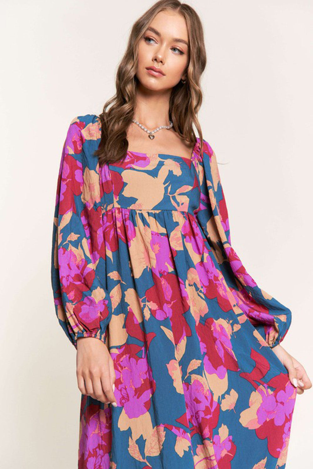 Robe taille haute à volants et col carré à imprimé floral multicolore 