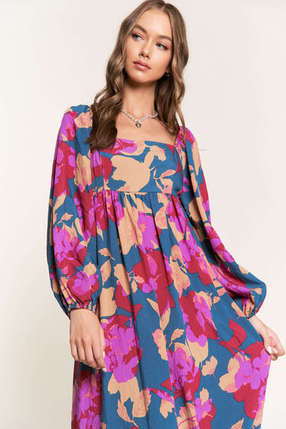 Robe taille haute à volants et col carré à imprimé floral multicolore 