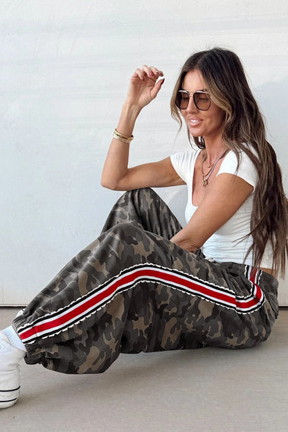 Green Camouflage Print Striped Side Panel Patchwork Drawstring Pants