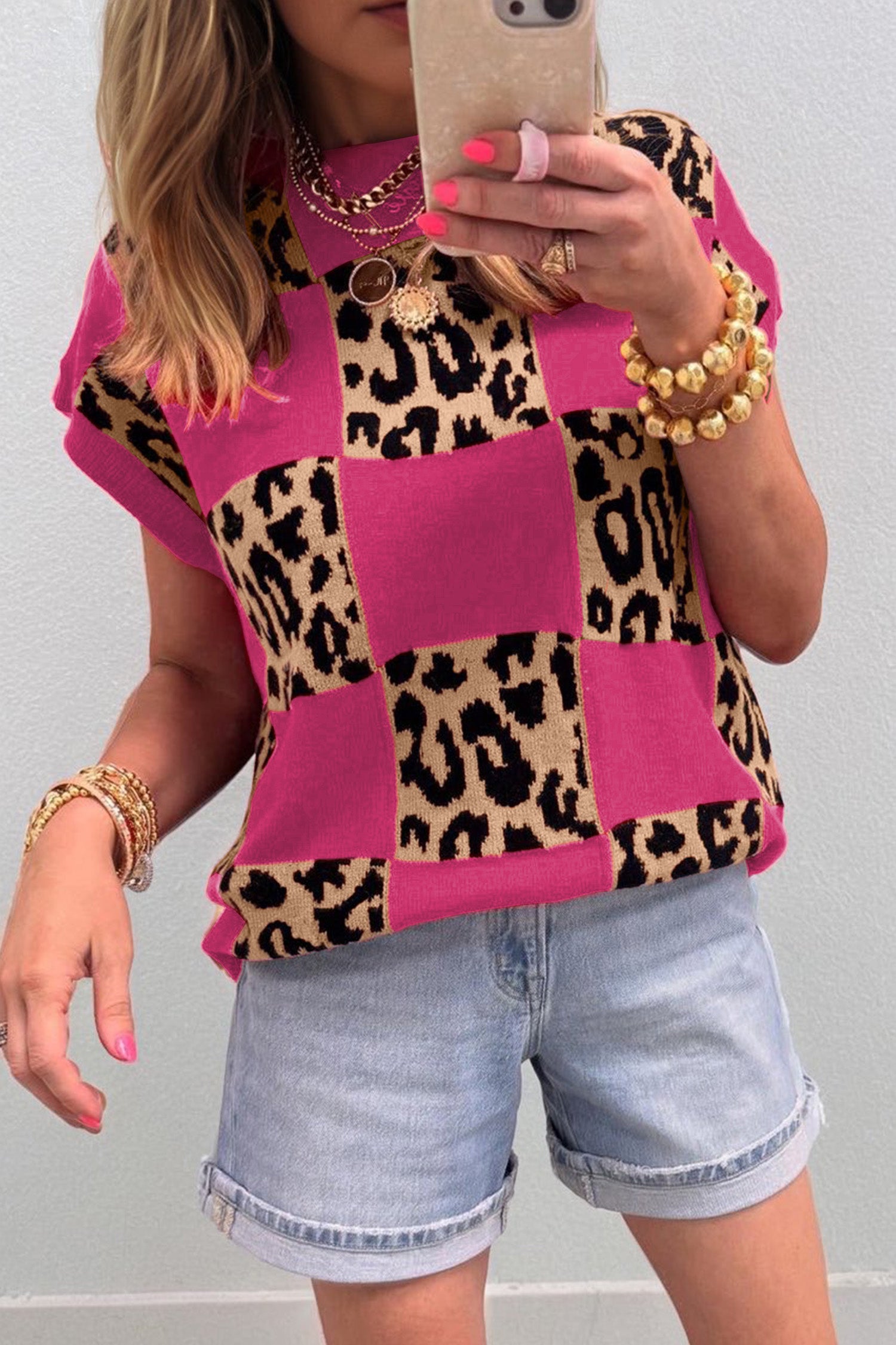 Rose Red Leopard Checkerboard Short Sleeve Knit Sweater
