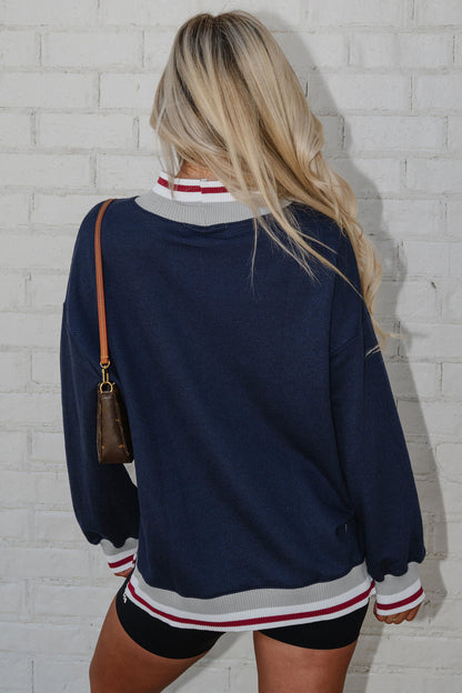 Navy Blue Ribbed Stand Neck Long Sleeve Loose Fit Sweatshirt