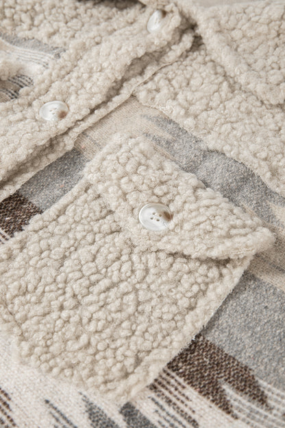 Manteau kaki à imprimé aztèque occidental en sherpa avec poches à rabat boutonnées