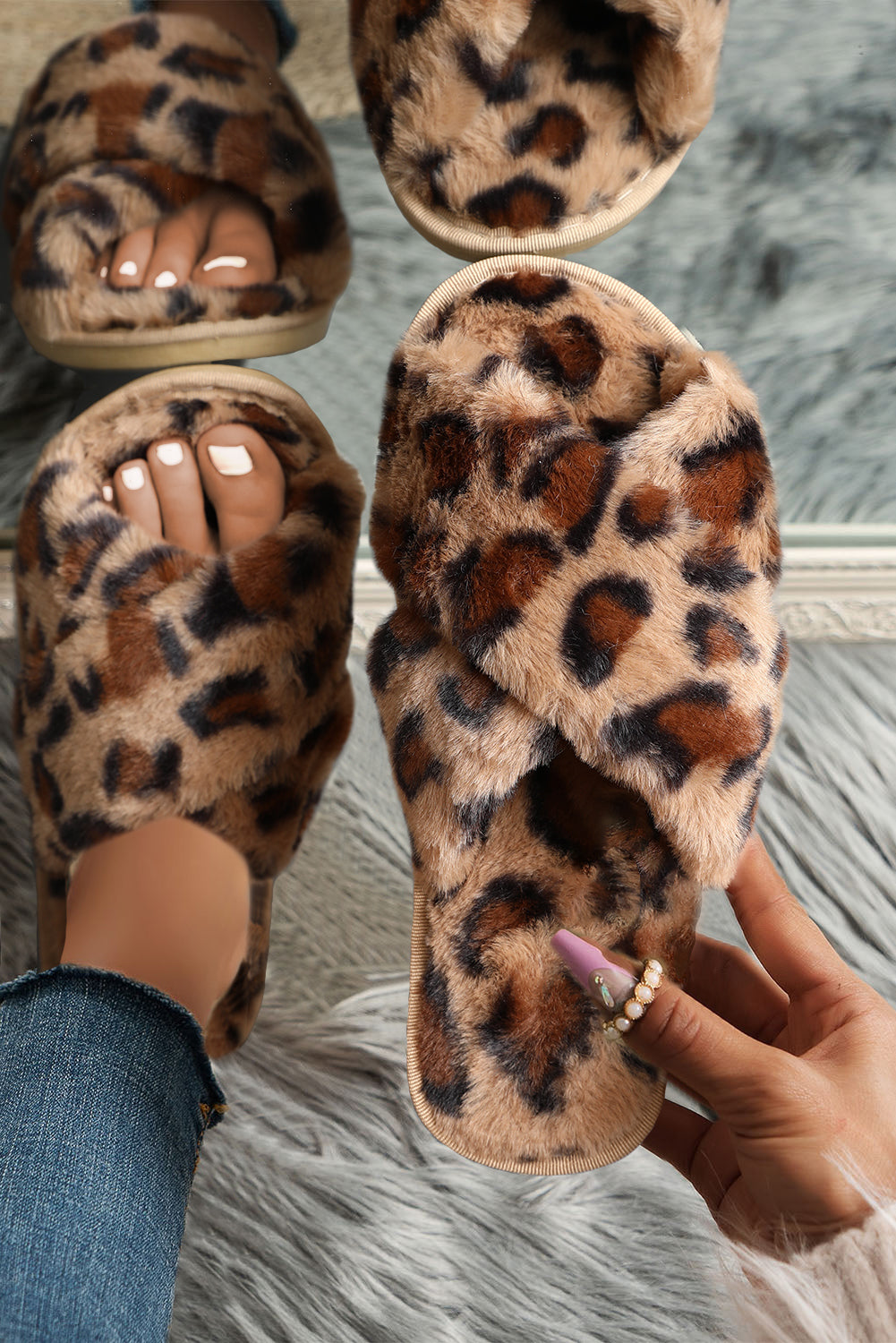 Brown Leopard Crossed Straps Furry Slippers
