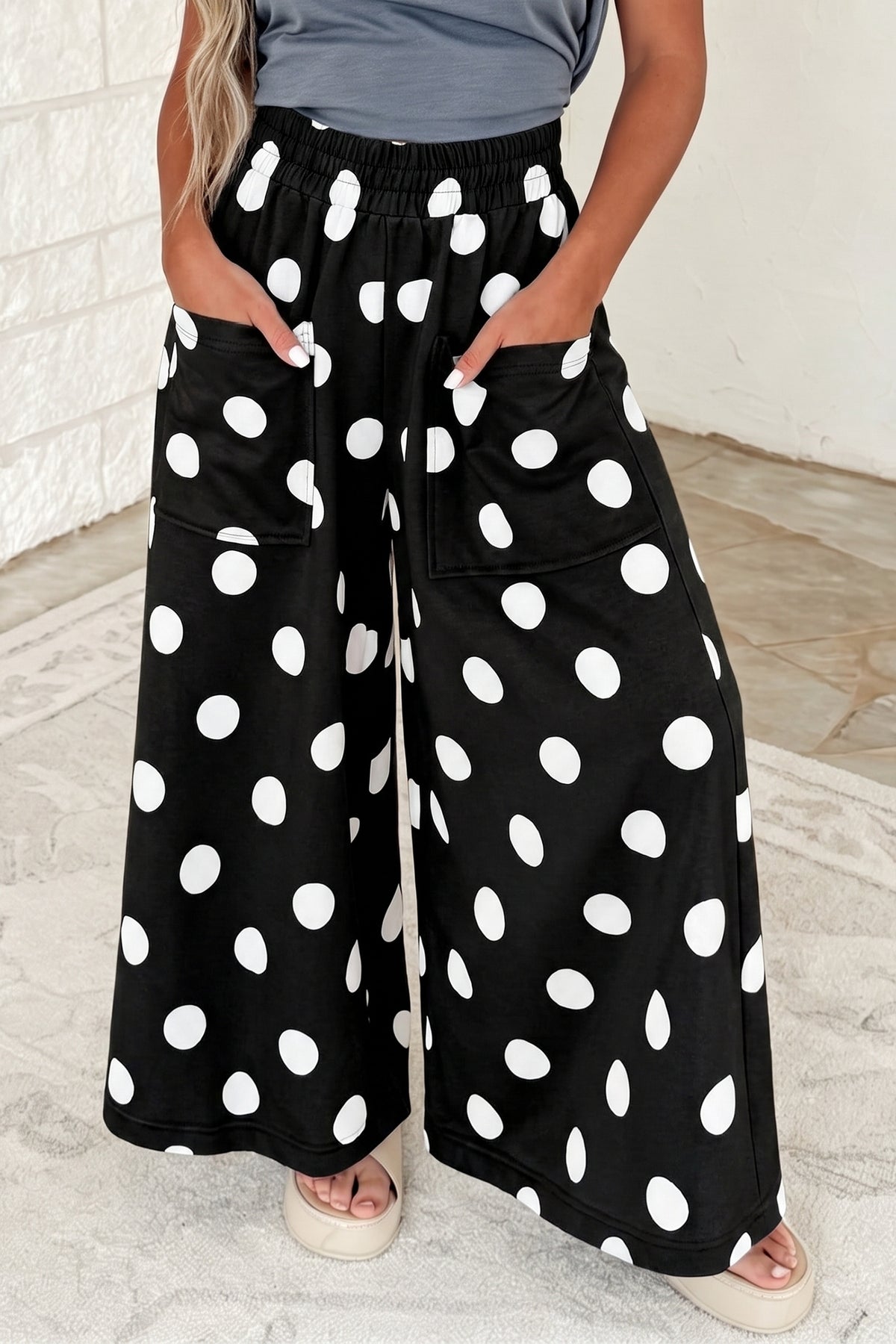 Black Polka Dot Wide Leg Elastic Waist Casual Pants