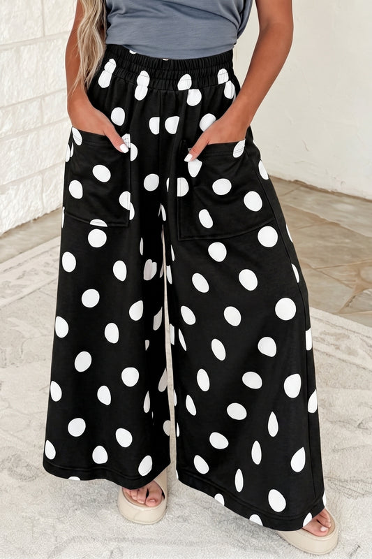 Black Polka Dot Wide Leg Elastic Waist Casual Pants