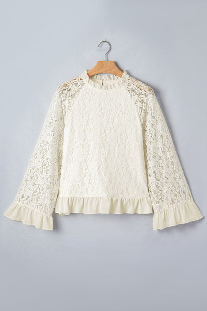 White Sheer Lace Long Sleeve Ruffle Trim Loose Blouse