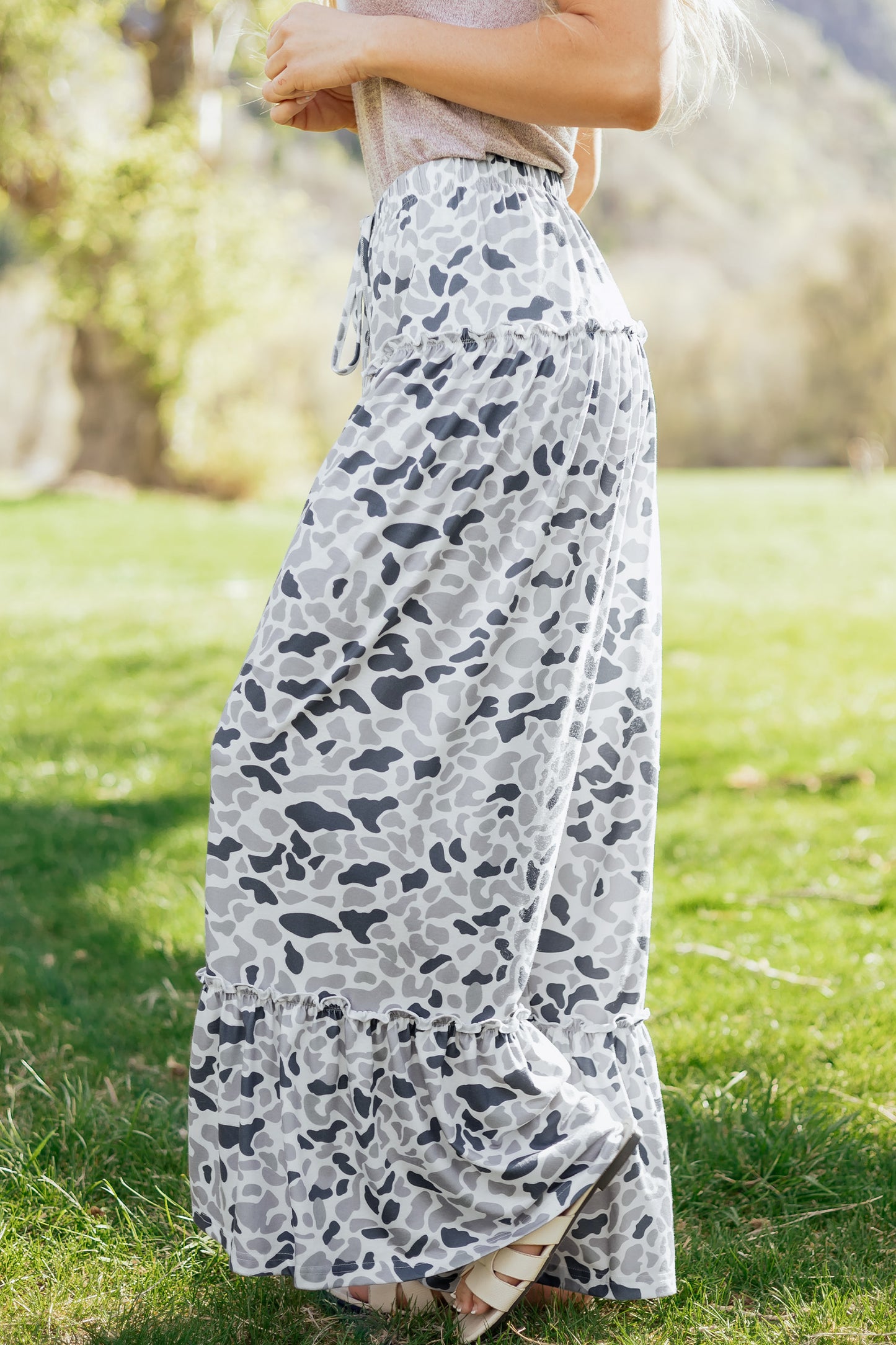 Brown Camo Print Wide Leg Casual Pants