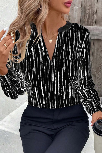 Black Abstract Printed V Neck Fall Blouse
