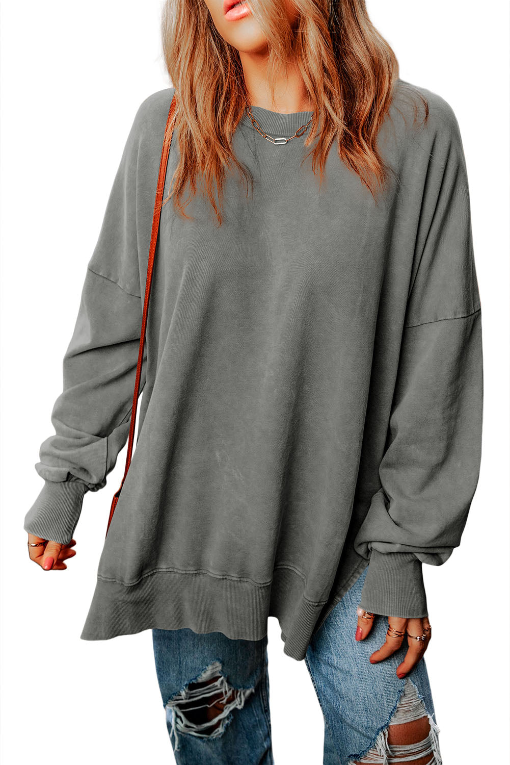 Grapefruit Orange Drop Shoulder Ribbed Trim Oversized Sweatshirt