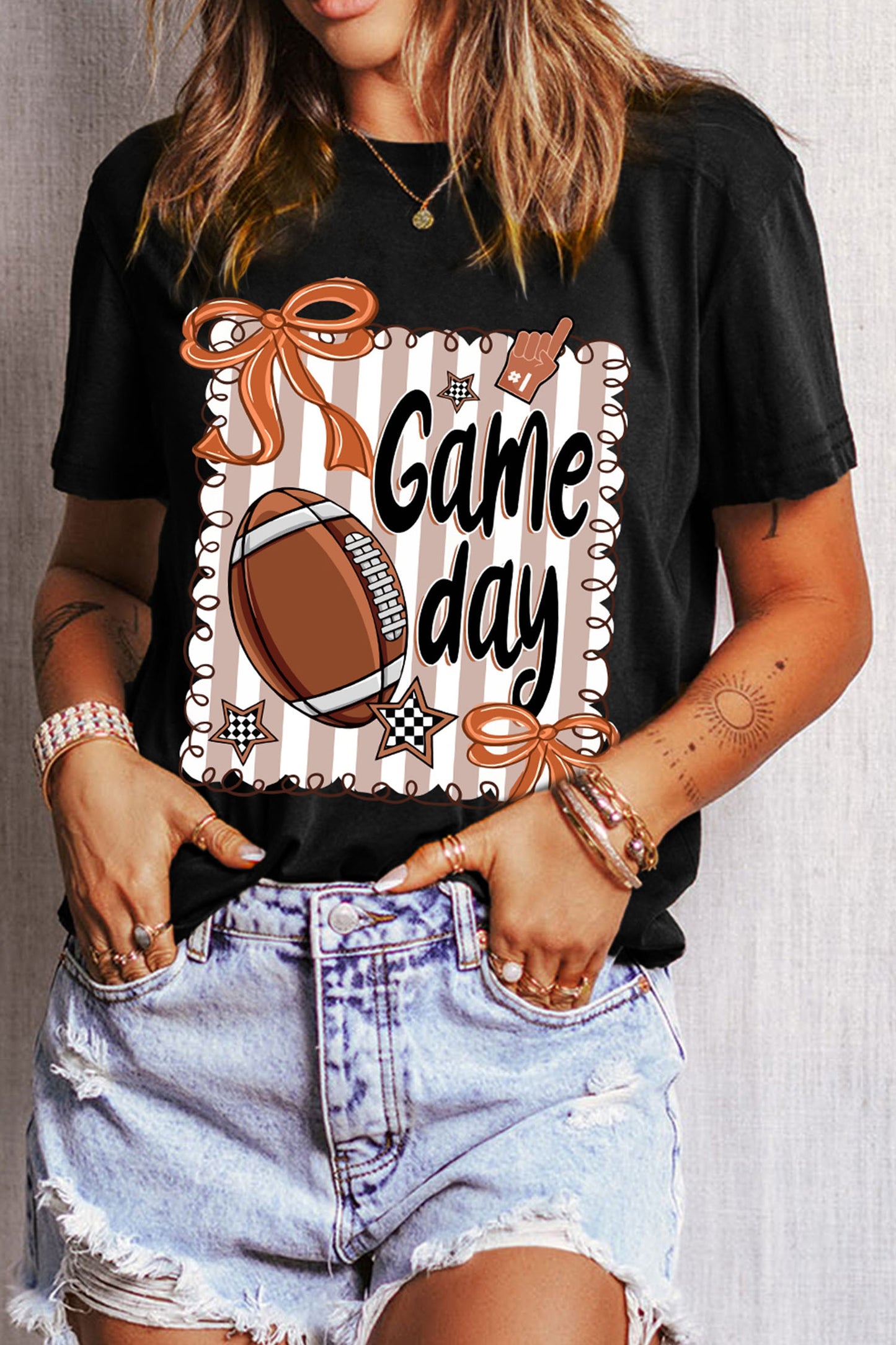 Black Casual Game Day Football Striped Tee