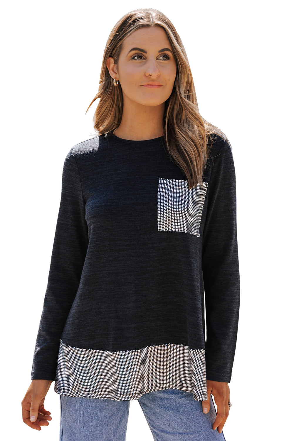 Top con dobladillo con volante y bolsillo de parche de lentejuelas