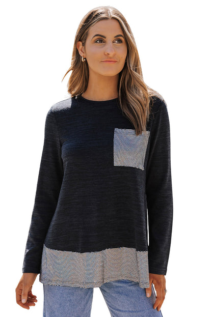 Top con dobladillo con volante y bolsillo de parche de lentejuelas