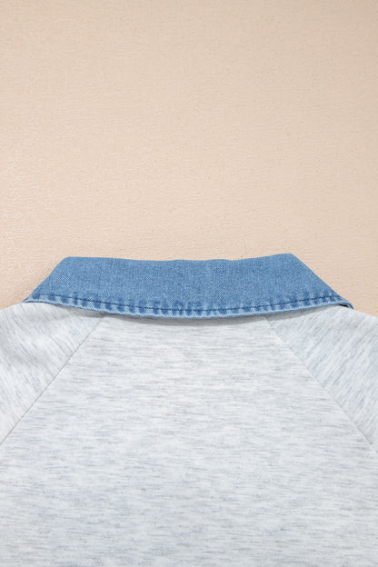 Light Grey Denim Contrast Collar Cuffed Short Sleeve Top