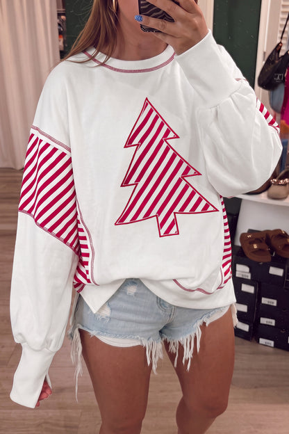 White Striped Contrast Christmas Tree Patchwork Puff Sleeve Top