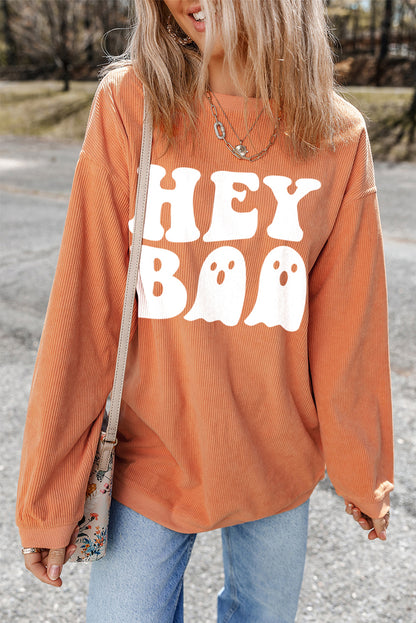 Sweat-shirt ample orange imprimé fantôme Hey Boo Halloween