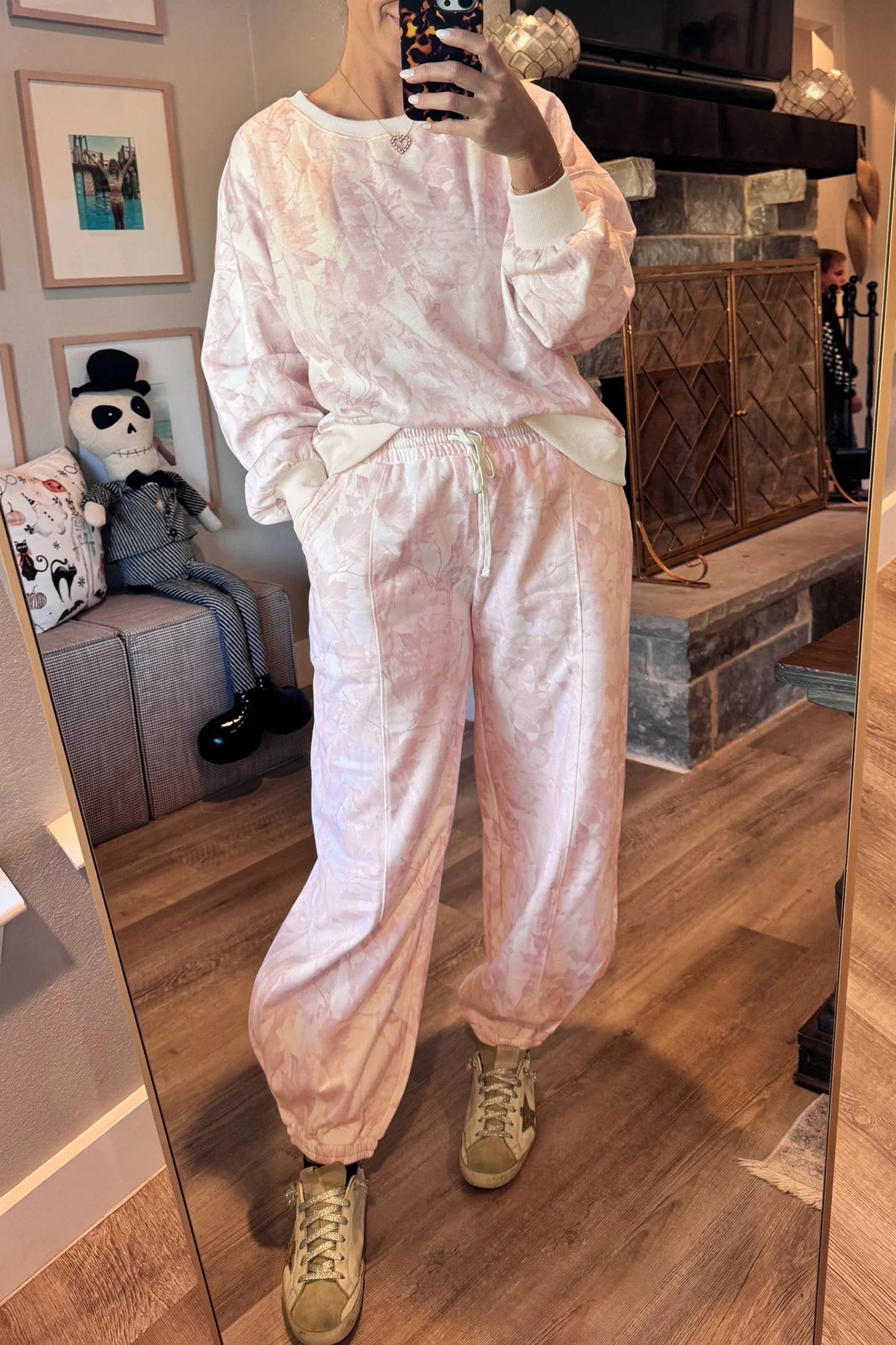 Pink Abstract Print Drop Shoulder Drawstring Waist Drawstring Hem Pant Set