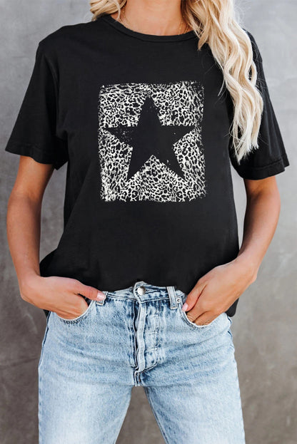 Star Leopard Print O Neck Short Sleeve Graphic Tee